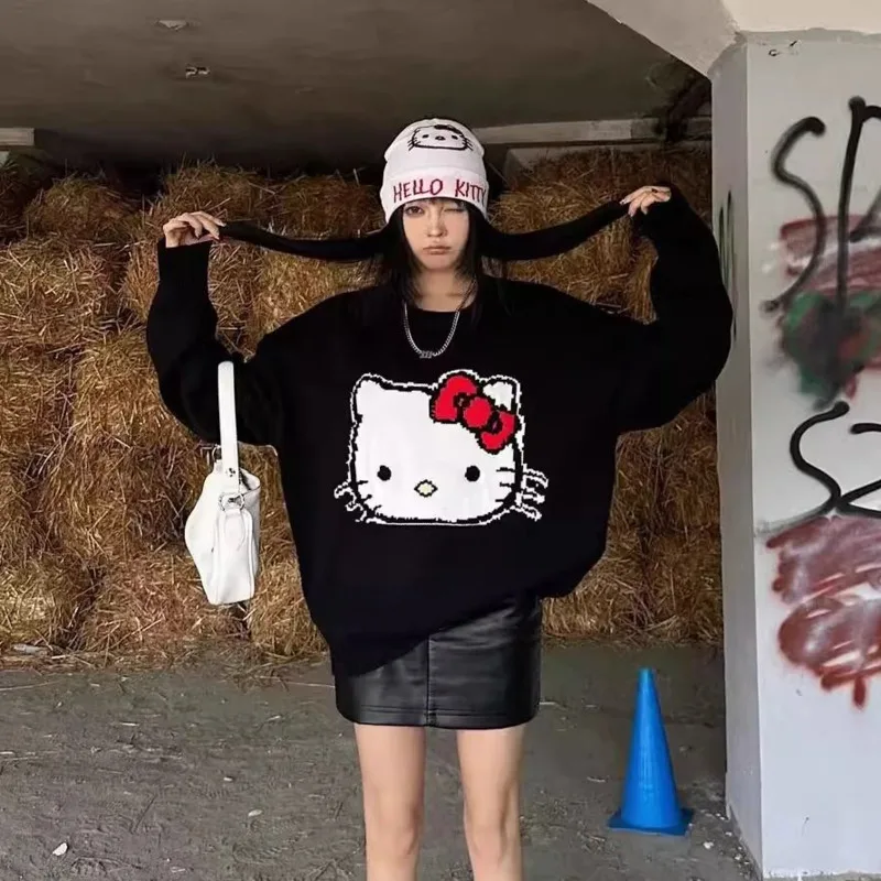 

Sanrio Hello Kitty корейская версия свитер с круглым вырезом женский свободный повседневный вязаный топ в студенческом стиле Y2K Girl Trend универсальный пуловер