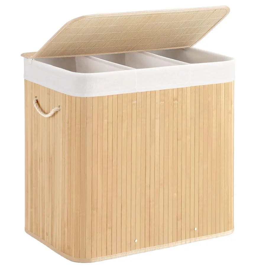 

Корзина для белья с крышкой, 3-секционная корзина для белья с ручками, большие складные бамбуковые корзины для спальни, ванной комнаты, D