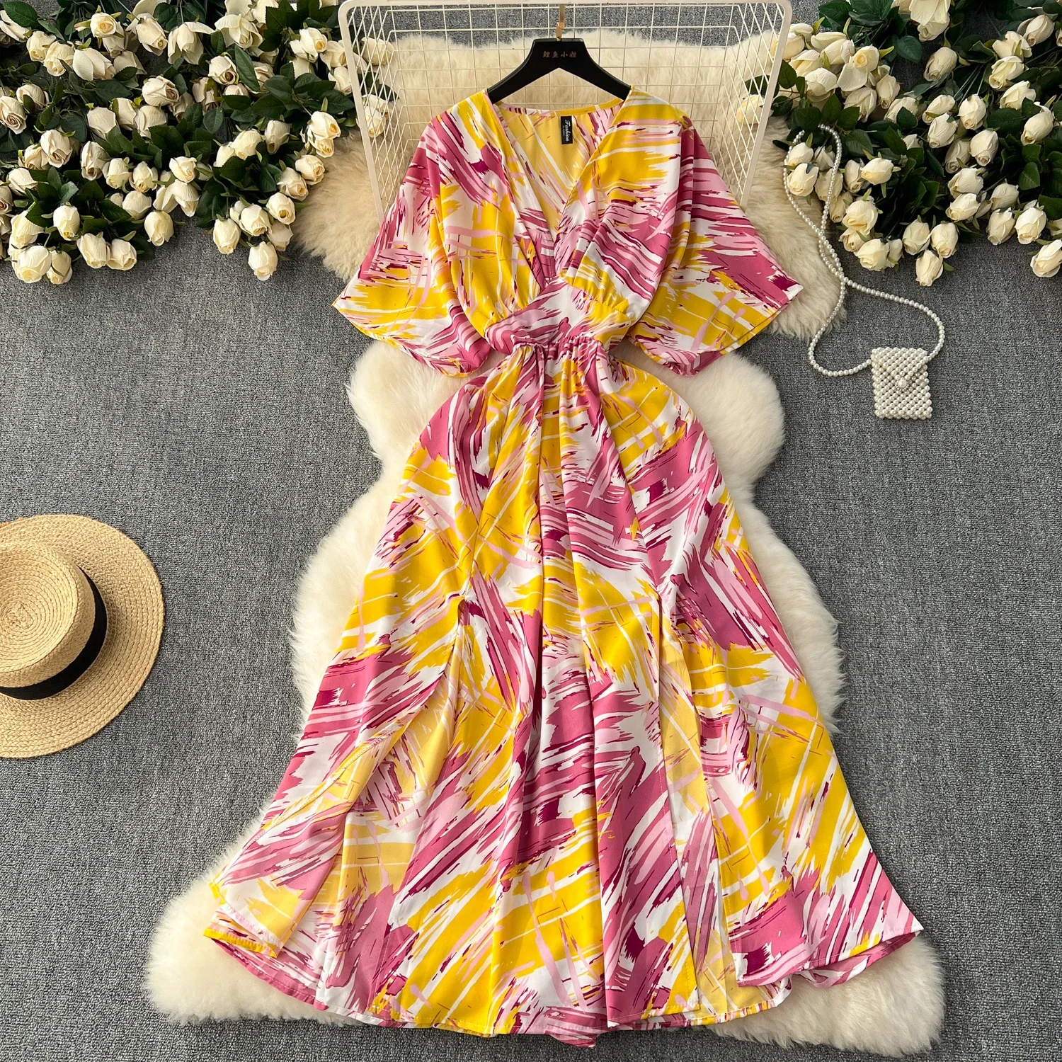 Nuova estate profondo scollo a V romantico stampa floreale abito da donna elegante manica corta divisa abiti da festa vacanza abito da donna