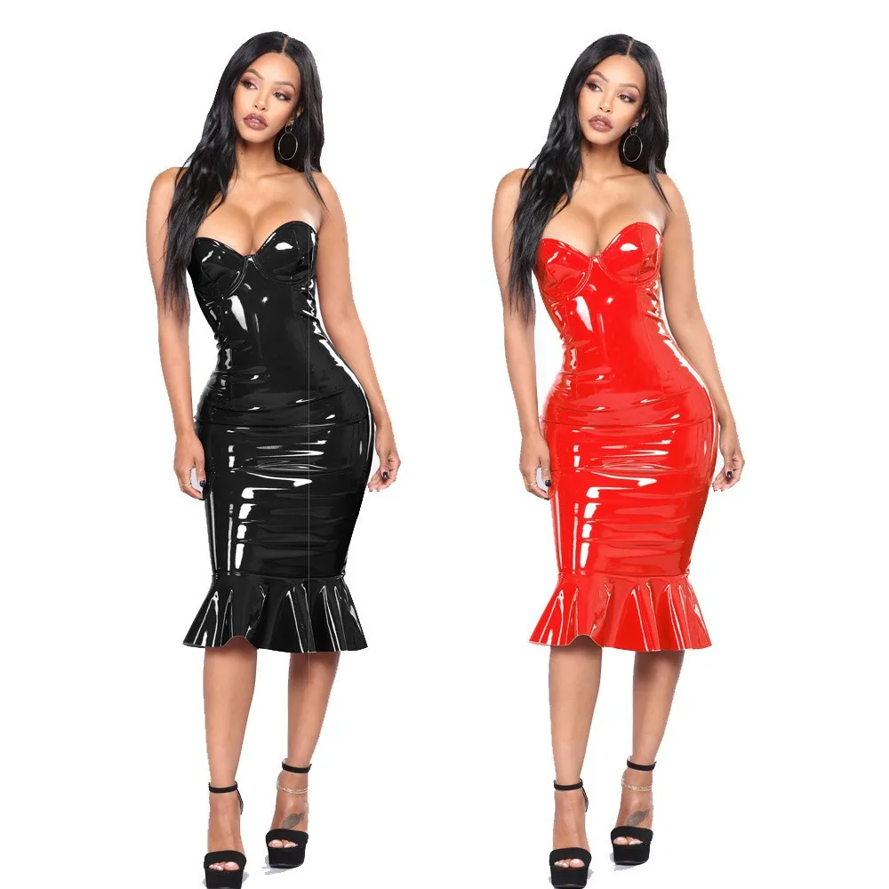 European and American sexy nightclub patent leather tight dress bright leather tube top slim ruffled dress bar DJ performance