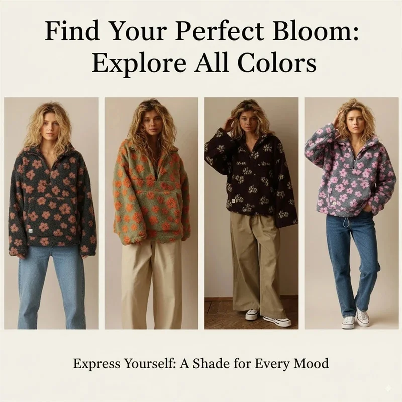 Floral Faux Shearling Pullover: Soft Fleece Half Zip Sweatshirt for Women – Casual Loose Fit with Unique Prints