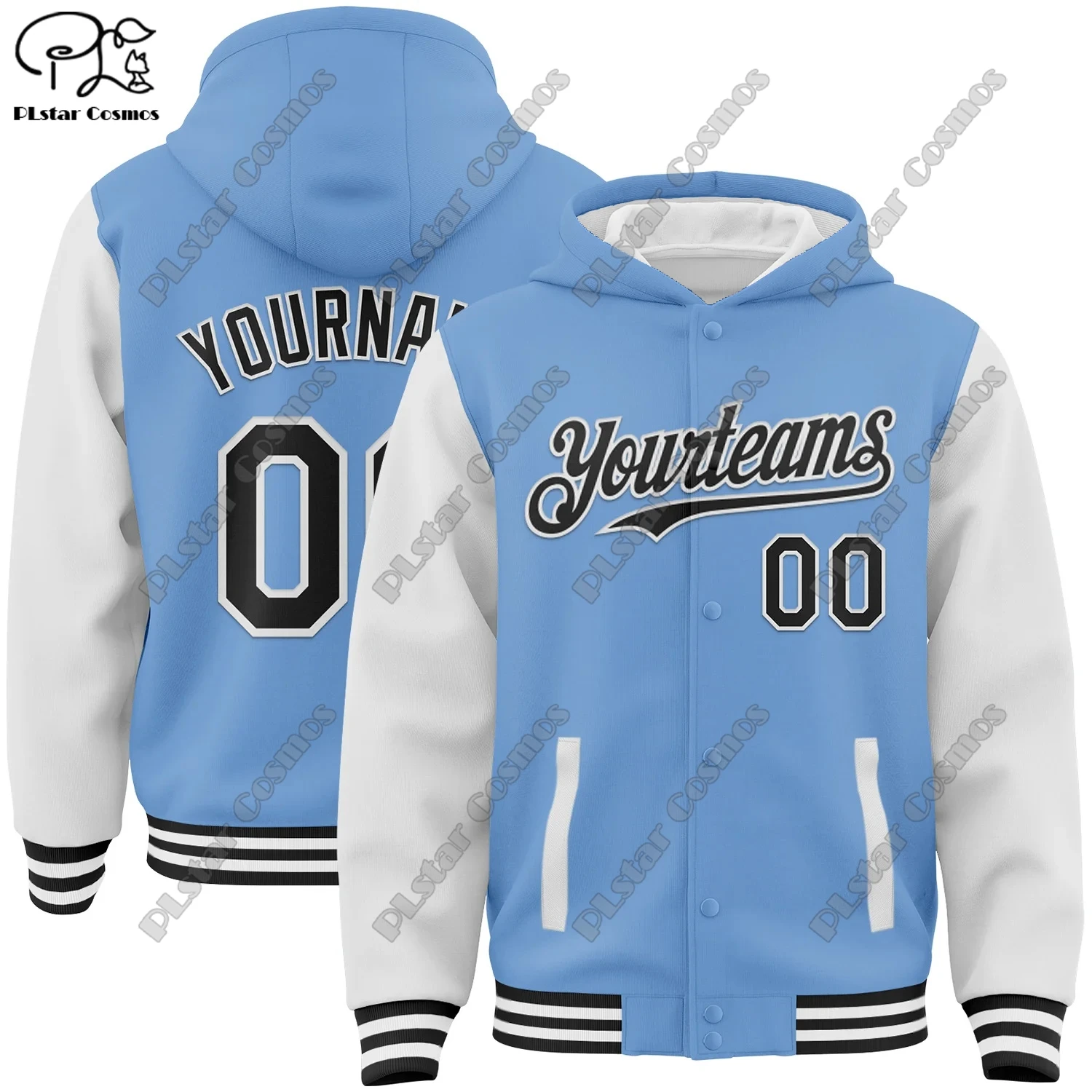 Brand new 3D printed custom team name name number blue genuine full snap jacket hoodie unisex winter new arrival -1