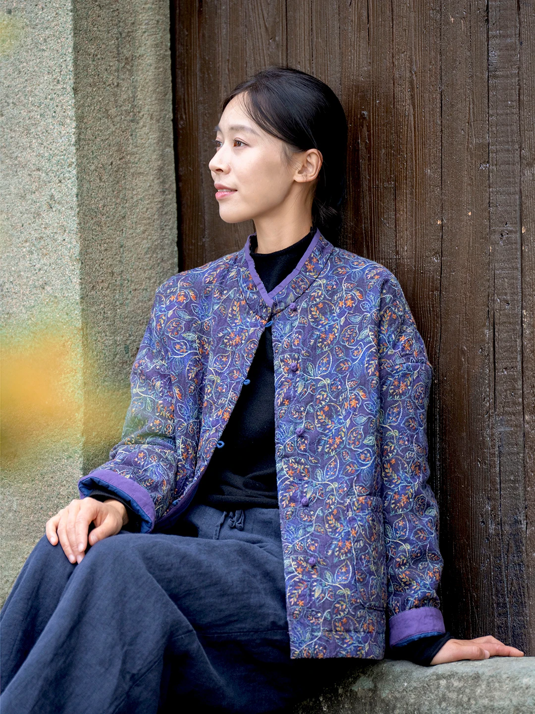 

TingSu Ретро льняной хлопковый тюнет, оригинальная вышивка hine, осень-зима, свободная посадка, художественная верхняя одежда с воротником-стойкой