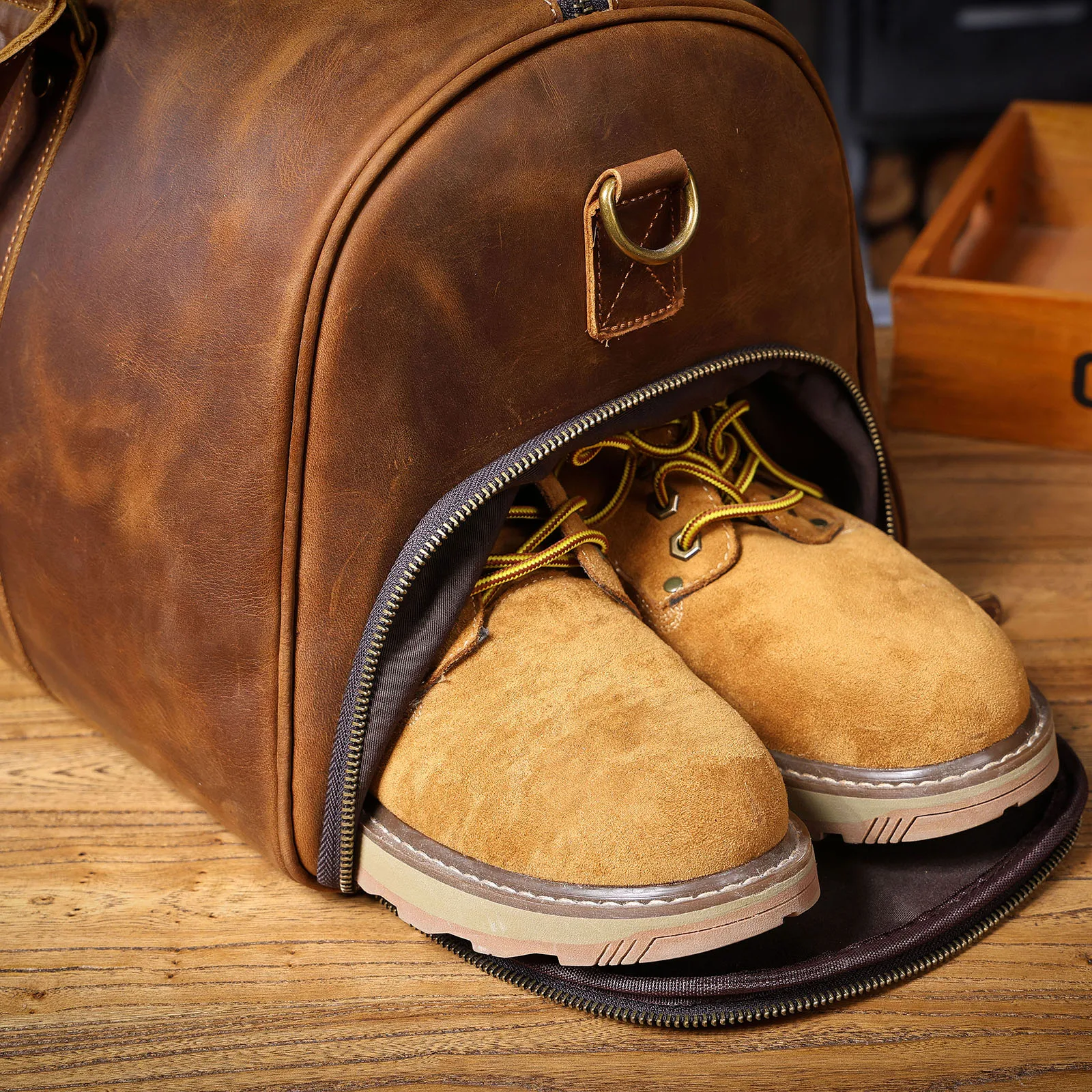 S.WORKER Vintage Vollnarbenleder Herren-Reisetasche Handgefertigte Weekender-Reisetasche – Detail 19