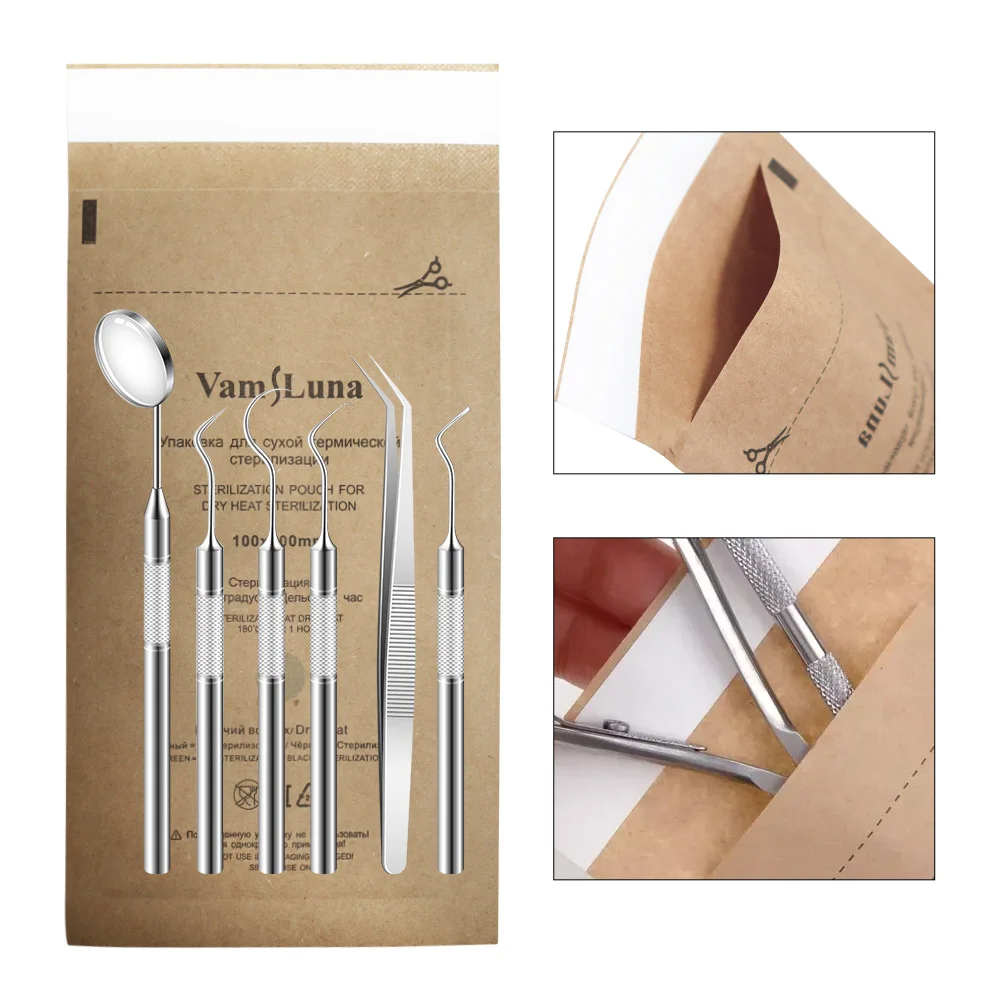 50 шт. самозапечатывающийся мешок для сухой стерилизации тепла, автоклав, крафт-бумага, чистящий мешок для стоматологических инструментов и принадлежностей для дизайна ногтей, 100x200 мм