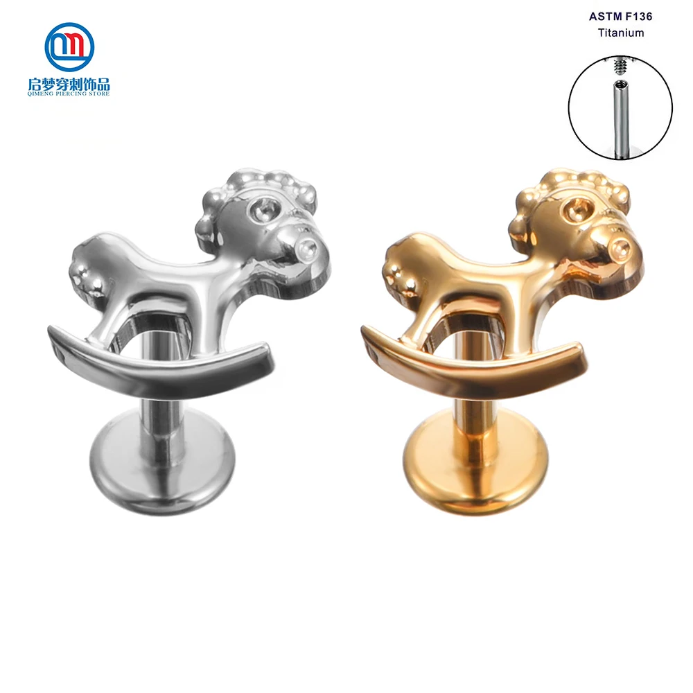 

QM ASTM F136 Titanium Internally Threaded Wooden Horse Labret Tragus Earring Lip Helix Piercing Jewelry