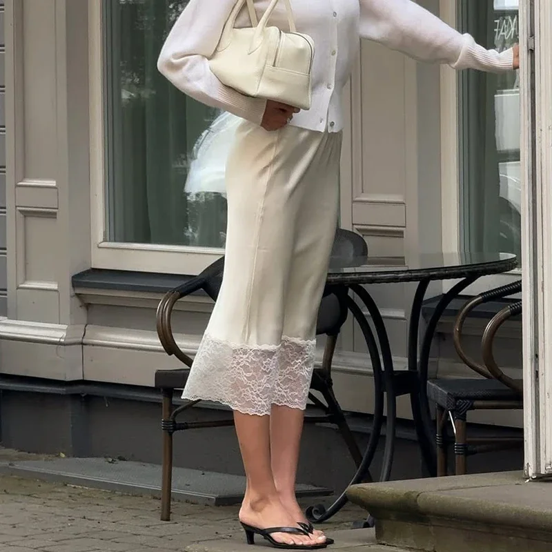 레이스 스플라이스 스커트 여성 우아한 새틴 하이웨이스트 롱 스커트 오피스룩 여름 2025 패션 신상 솔리드 여성 스커트