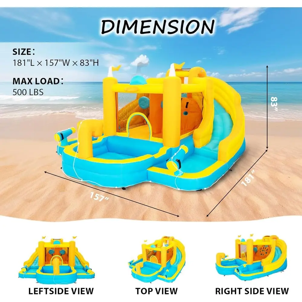 สไลเดอร์น้ำเป่าลมขนาดใหญ่พิเศษ 15x13 ฟุต พร้อมสไลเดอร์คู่, เครื่องเป่าลม 750 วัตต์, ผนังปีนป่าย, สระน้ำเล่นน้ำ, ขอบสระแบบตะกร้า