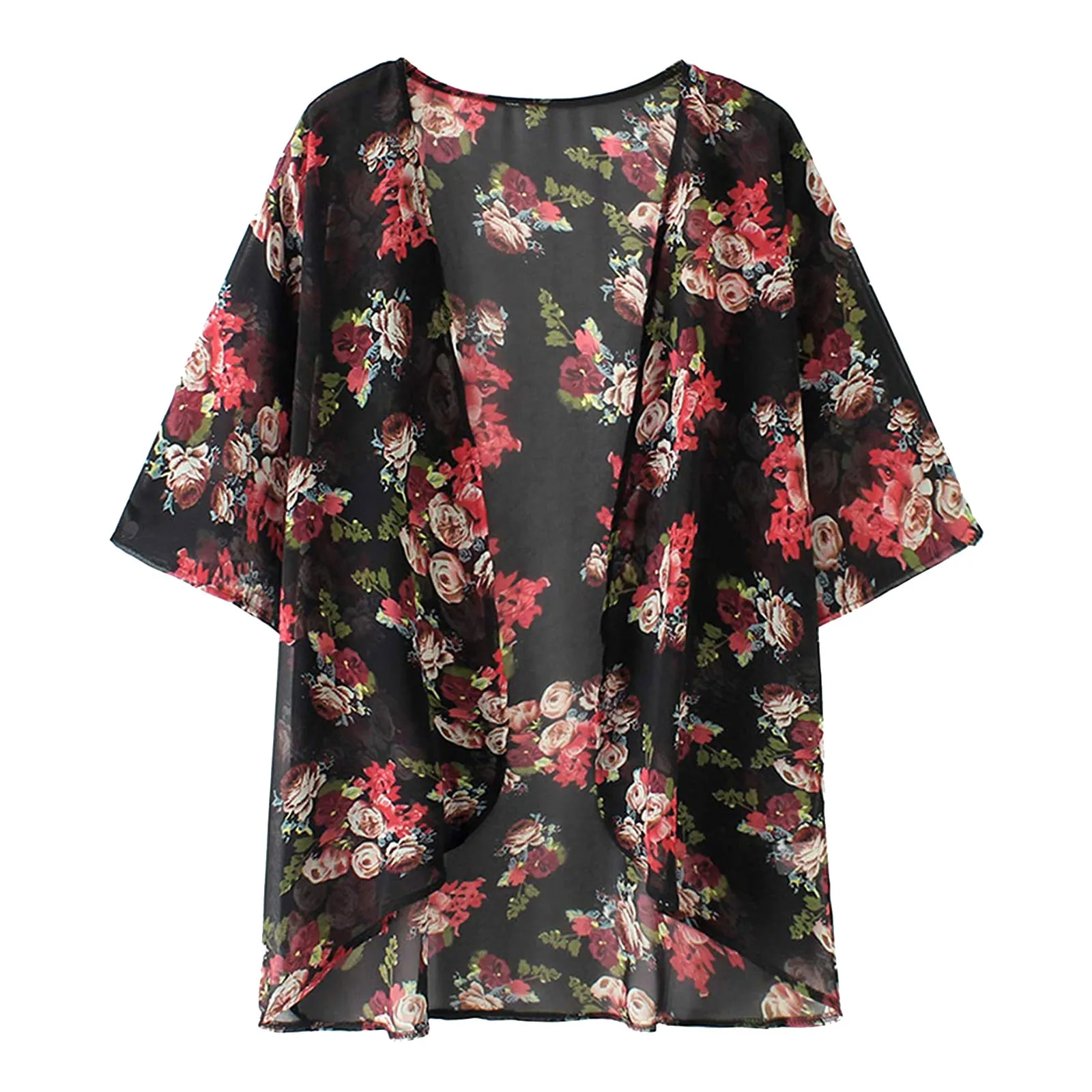 Women Chiffon Floral Print Kimono Loose Half Sleeve Shawl Cardigan Cover Up