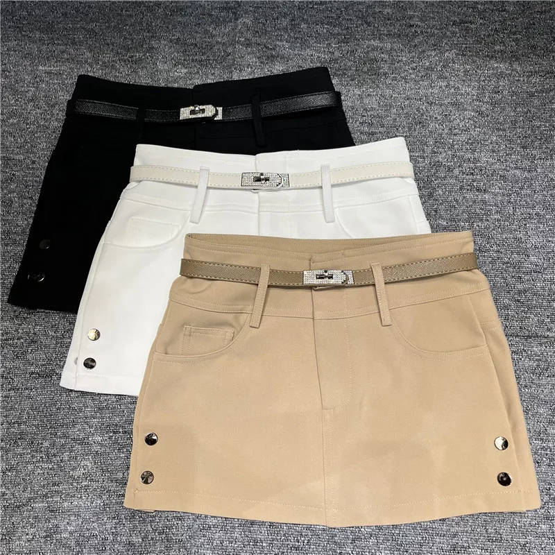 Sexy A-Line  Skirt with Belt Rivet Slimming Butt Lifting All-Match Short Skirt Pure Desirable Hot Girl Style Polyester Fa...