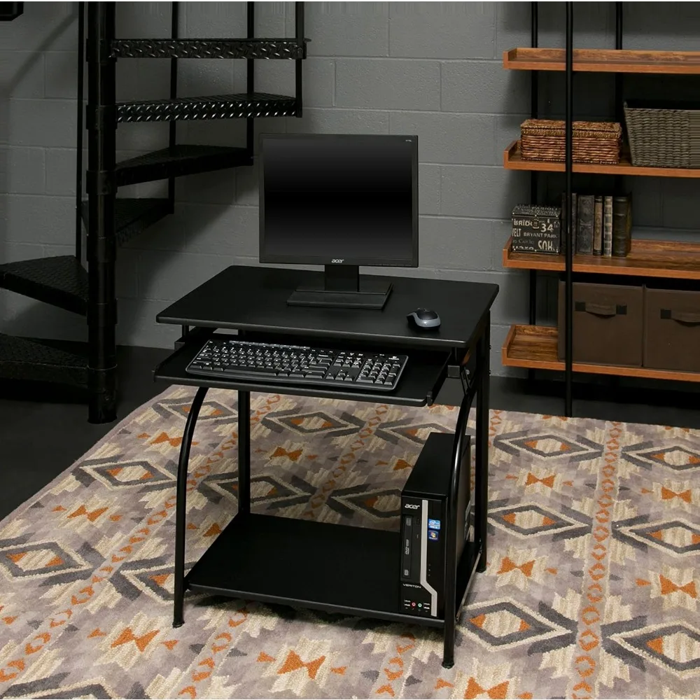 Modern Computer Desk with Keyboard Tray and Shelves, Black Office Desk for Home Workspace