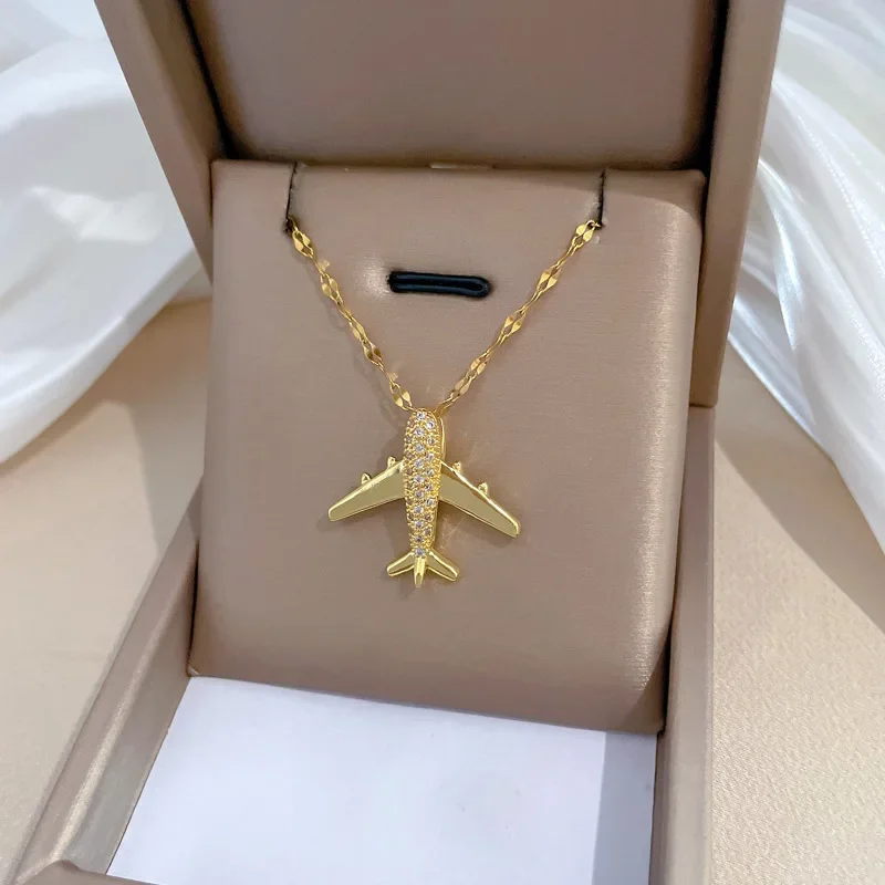 Creative Trendy Full Zircon Airplane Model Pendant Necklace for Women Temperament Gold Color Stainless Steel Collar Jewelry Gift