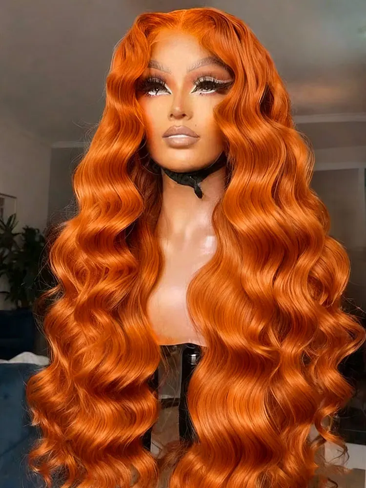 250% 34インチ 350 #   ジンジャー ジンジャー オレンジ レースフロントウィッグ 人毛 ボディウェーブ オレンジ 13x4 HD 透明レースフロントウィッグ 人毛