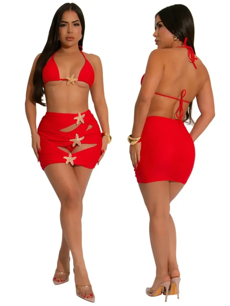 Bikini Bodysuit Swimwear Women With Skirt Bathing Suit Summer New Ruffle Splice Print Beachwear Holiday Bikini Cover Ups Outfits