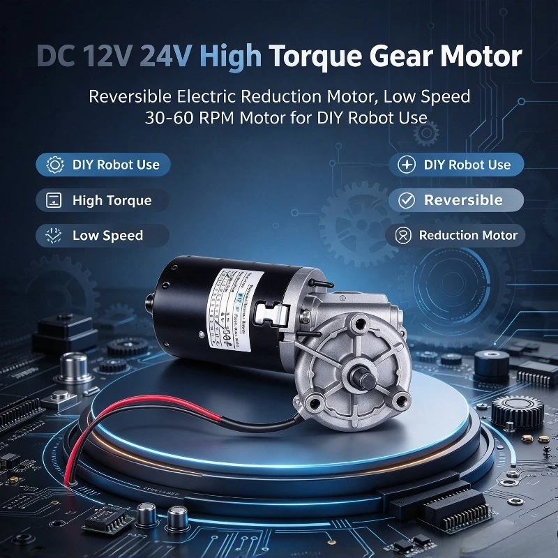 DC 12V 24V High Torque Gear Motor, Reversible Electric Reduction Motor, Low Speed 30-60 RPM Motor for DIY Robot Use