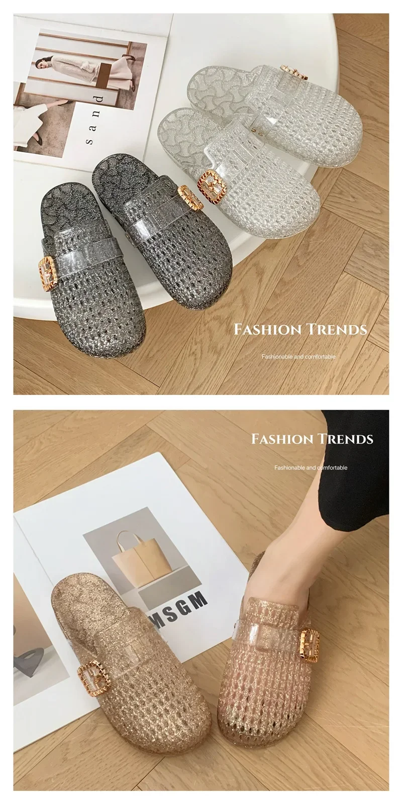 2026 Damen Jelly-Kristall-Pantoletten mit offener Zehenpartie, neuer Sommerstil, modische Damen-Strandsandalen, hohles Design, rutschfest. – Detail 10