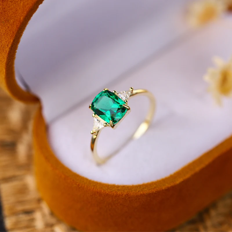 Fashionable Luxury Authentic S925 Sterling Silver 14K Gold Light Green Geometric Jewelry Ring for Women