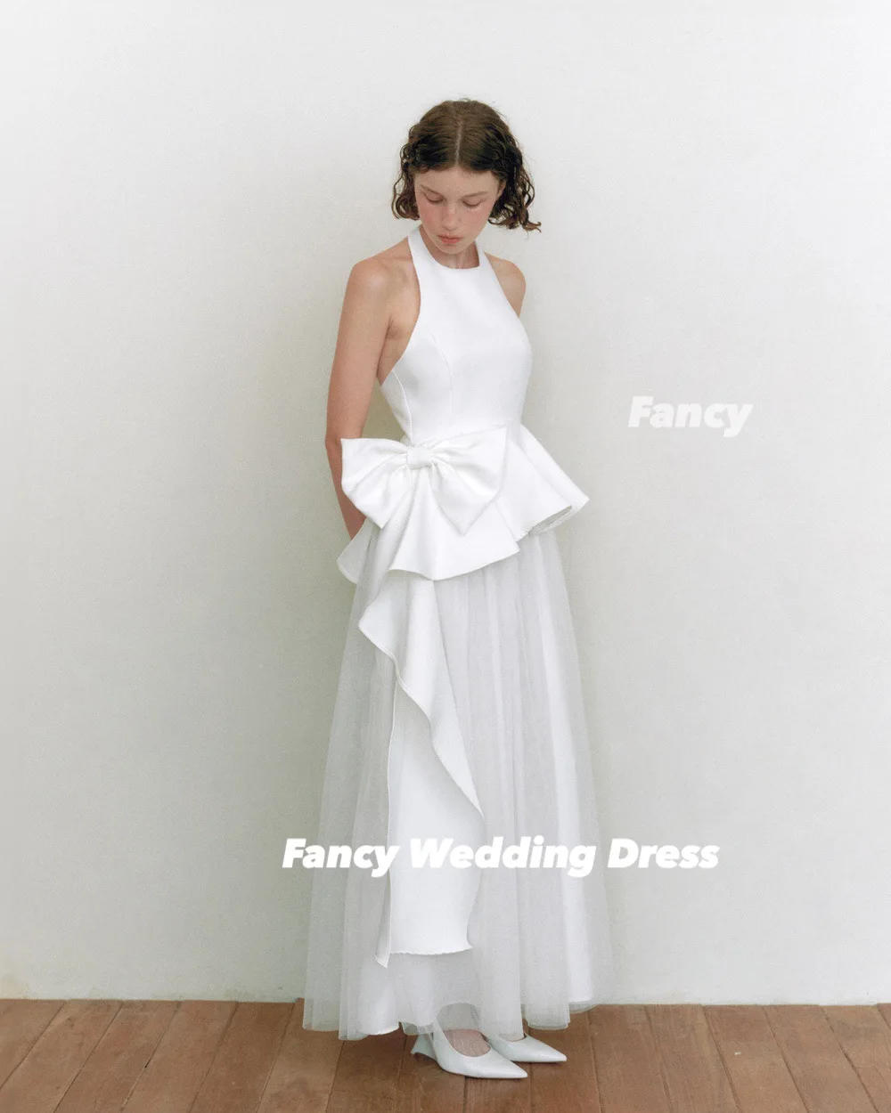 Fancy Simple O Neck Bow Wedding Dress A Line Soft Satin Prom Gown Sleeveless Tea Length Formal Occasion Dresses Customized
