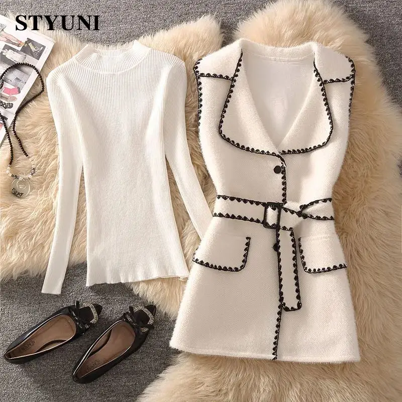 Woolen Vintage Turn-Down Collar High Waist With Belt Dresses Knitted Sweaters Pullover Two-piece Set Womens Dress Suit 2024