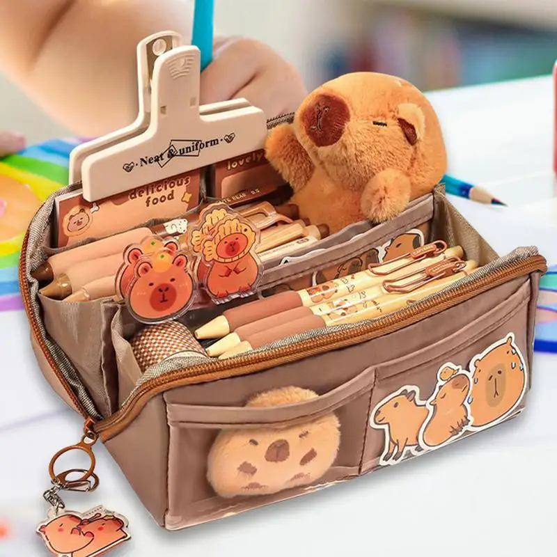 Capybara Pen Box Holder Capybara Pen Bag Pancil Case Pouch Waterproof Cute Capybara Plush and Pins Aesthetic Pencil Pouch for