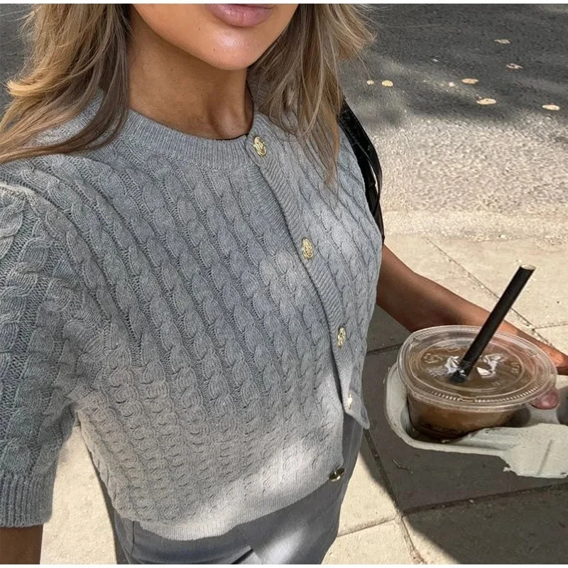 TRAF 2024 Knitted Short Sweaters for Women Autumn Knitwears Cropped Cardigan Woman Short Sleeve Button Cardigan Women Knit Top