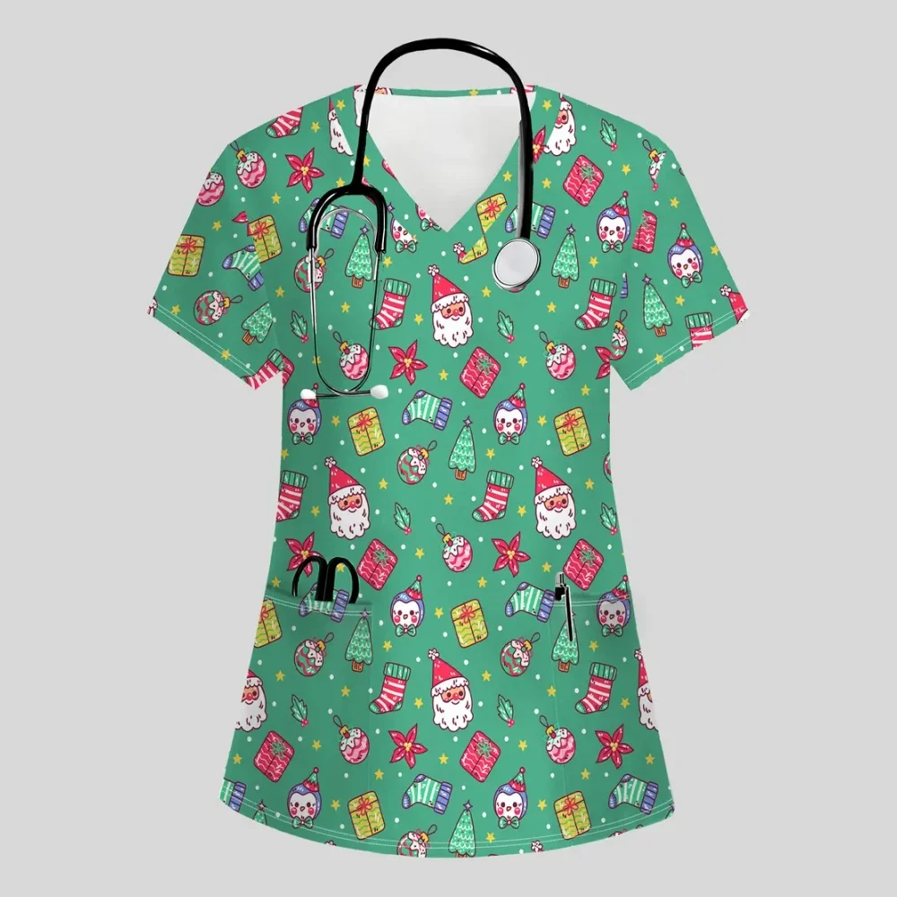 عيد الميلاد الزي الجراحي امرأة عيد الميلاد موضوع نمط موضة الخامس الرقبة جيب قصيرة الأكمام بلايز التنقل الدعك موحدة امرأة