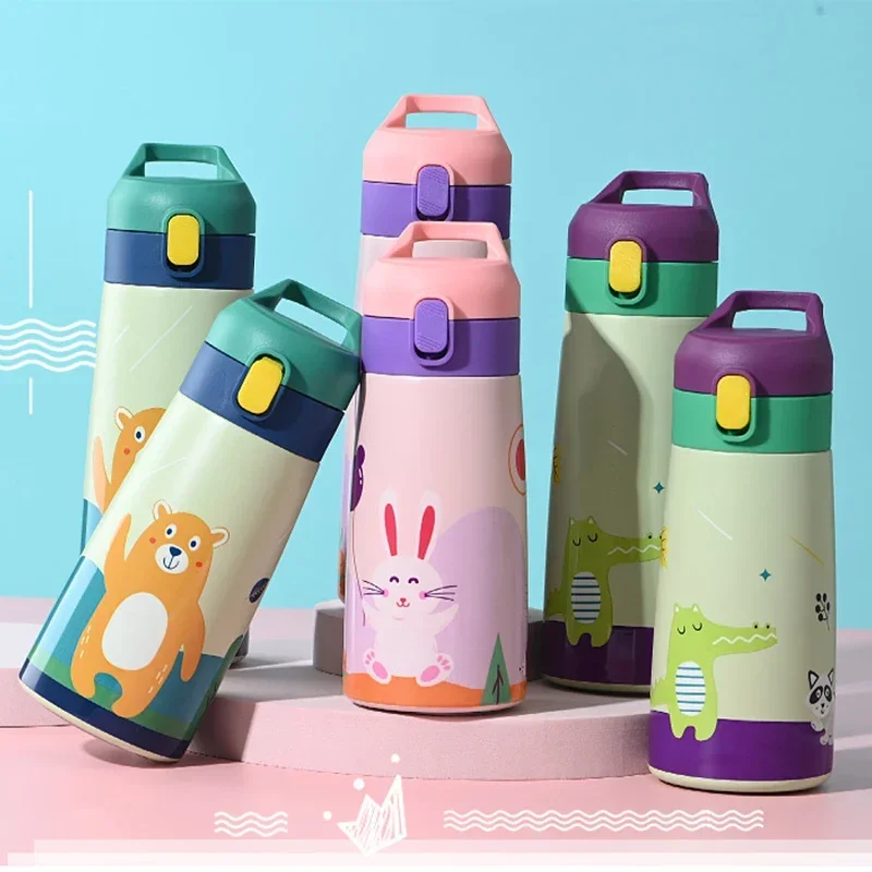 1pc 350ml 500ml Kids Stainless Steel Straw Thermos Mug with Case Cartoon Leak-Proof Children Thermal Water Bottle Birthday Gift