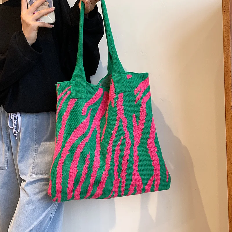 

Winter Knitting Shoulder Bag Zebra Pattern Big Capacity Totes Bag New Trendy Armpit Handbag Ladies Shopping Totes Top-Handle Bag