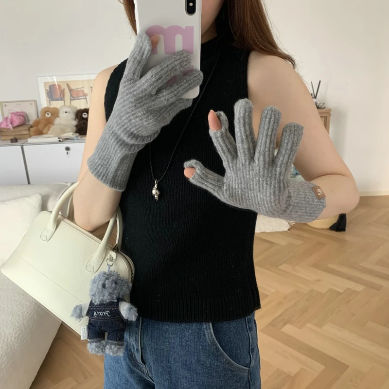 Pure Color Knitted Thicken Gloves for Women Warm Korean Five-finger  Extended Touch Screen Mittens For Women