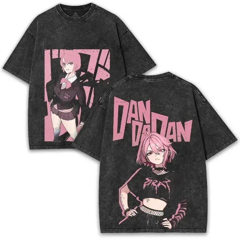 2026summer Dandadan Momo Ayase Double Sided Washed T-shirt Pink Anime Girl Graphic Print Oversized Cotton Tee For Men Women Fans