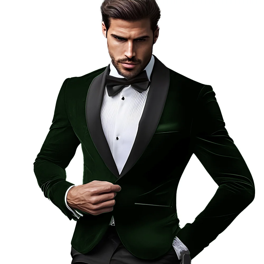 Velvet Suit for Mens Groom Tuxedo Wedding Custom Jacket Pants 2-piece Set Green Shawl Blazer Men's Outfit