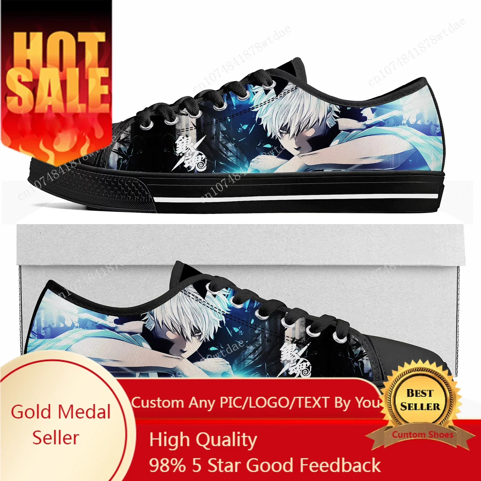 Gintama Low Top Sneakers Womens Mens Sakata Gintoki High Quality Canvas Sneaker Casual Anime Cartoon Customize Shoes