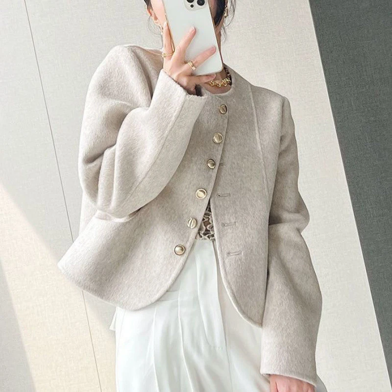 Korean Woolen Jacket Spring Autumn New Round Neck Single Breasted Short Overcoat Chic Solid Color Thermal Ladies Outerwear