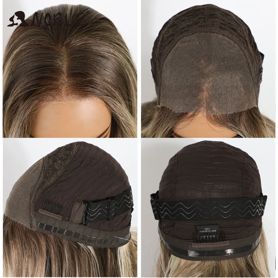 6X4, synthetische Perücken mit Spitze am Vorderteil, ohne Klebstoff, für Damen, vorgezupfte, gestufte, glatte Perücke, die man einfach aufsetzen und losgehen kann, Ombré-Weißblond, hitzebeständig. – Detail 5
