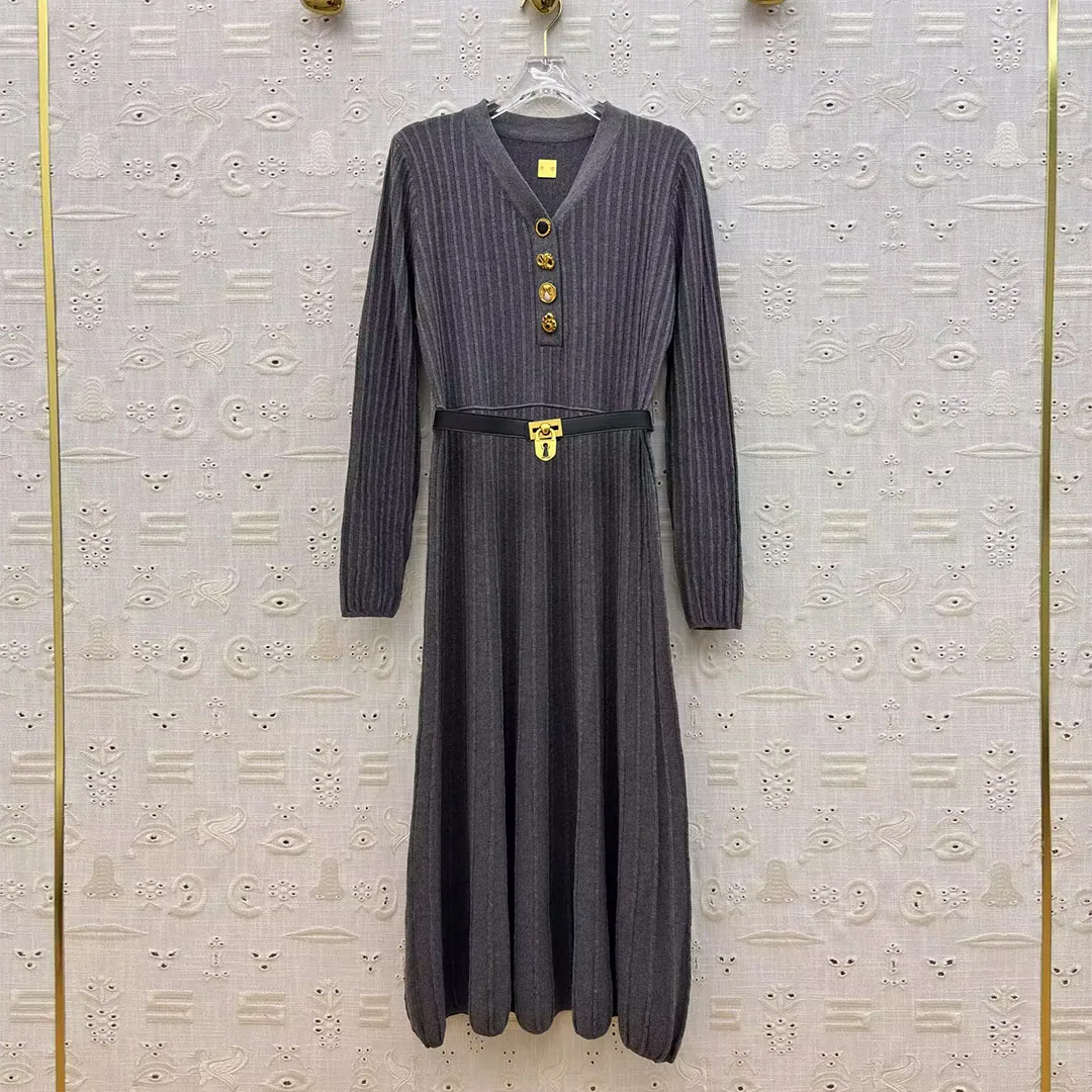 

New Autumn Winter Fashion Knitted A-line Long Dress Women V-neck Long Sleeve Gold Buttons Slim Belt Elegant Lady Chic Dresses