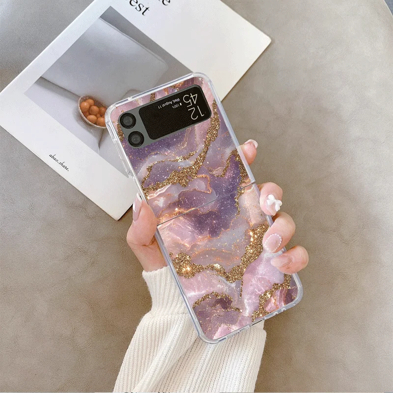 الفاخرة الوردي الأرجواني الرخام نمط شفافة قضية الهاتف لسامسونج غالاكسي Z فليب 7 فليب 6 4 3 غطاء قابل للطي ل Z Flip7 Flip5