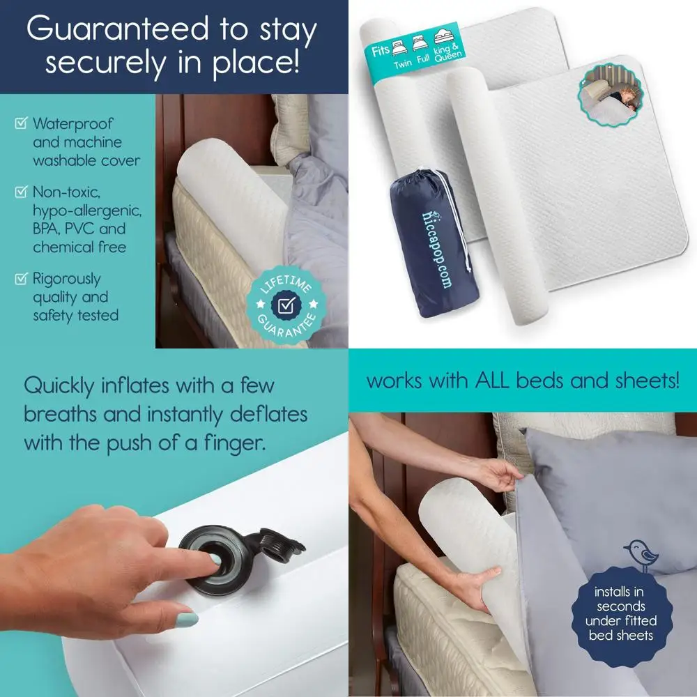 

Portable Inflatable Bed Rail for Toddlers & Adults - Suitable for King, Queen, Full Beds with Washable Cover for Travel & Home U