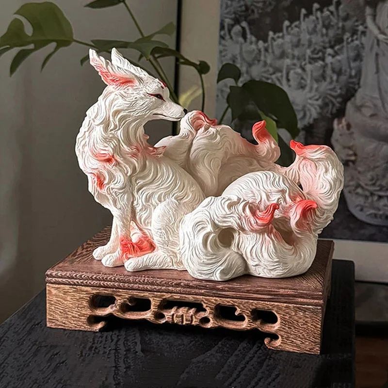 

Kitsune Nine Tailed Fox Statue, Resin Feng Shui Ornament for Home Office Desk, Mystical Spirit Fox Sculpture Gift