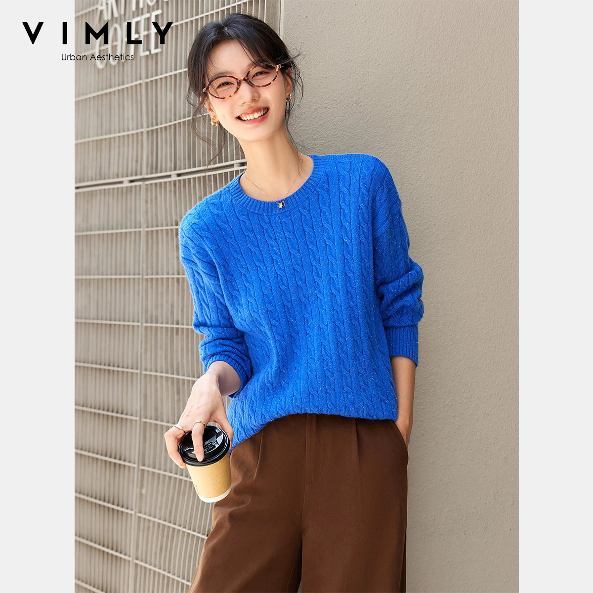 

VIMLY Blue Elegant Knitted Pullover Woman Sweater Office Wear O-neck Long Sleeve Tops Autumn 2025 Basic Female Sweaters 75069