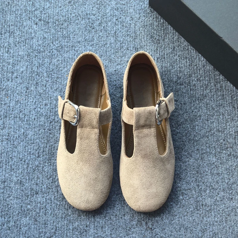 

Jenny&Dave Women's Retro Casual Genuine Leather Flat Mary Jane Shoes Minimalist Cow Suede Round Toe Soft Buckle Loafers Shoes