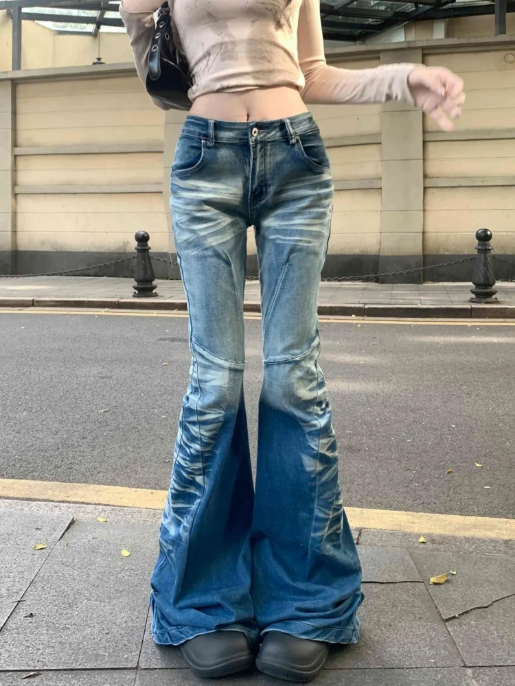 2025 American Retro Y2K Fashion Washed Blue Slim Women's Flared Jeans Pants Woman Clothing Punk Gothic Denim Trousers Ropa Mujer