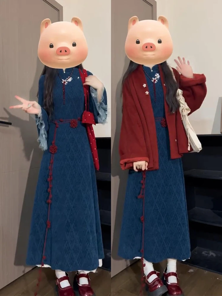 

New Winter Red Qipao Dress Set Women's Fashion Traditional Chinese Style Long Sleeve Stand Collar Coat And Dress Outfit