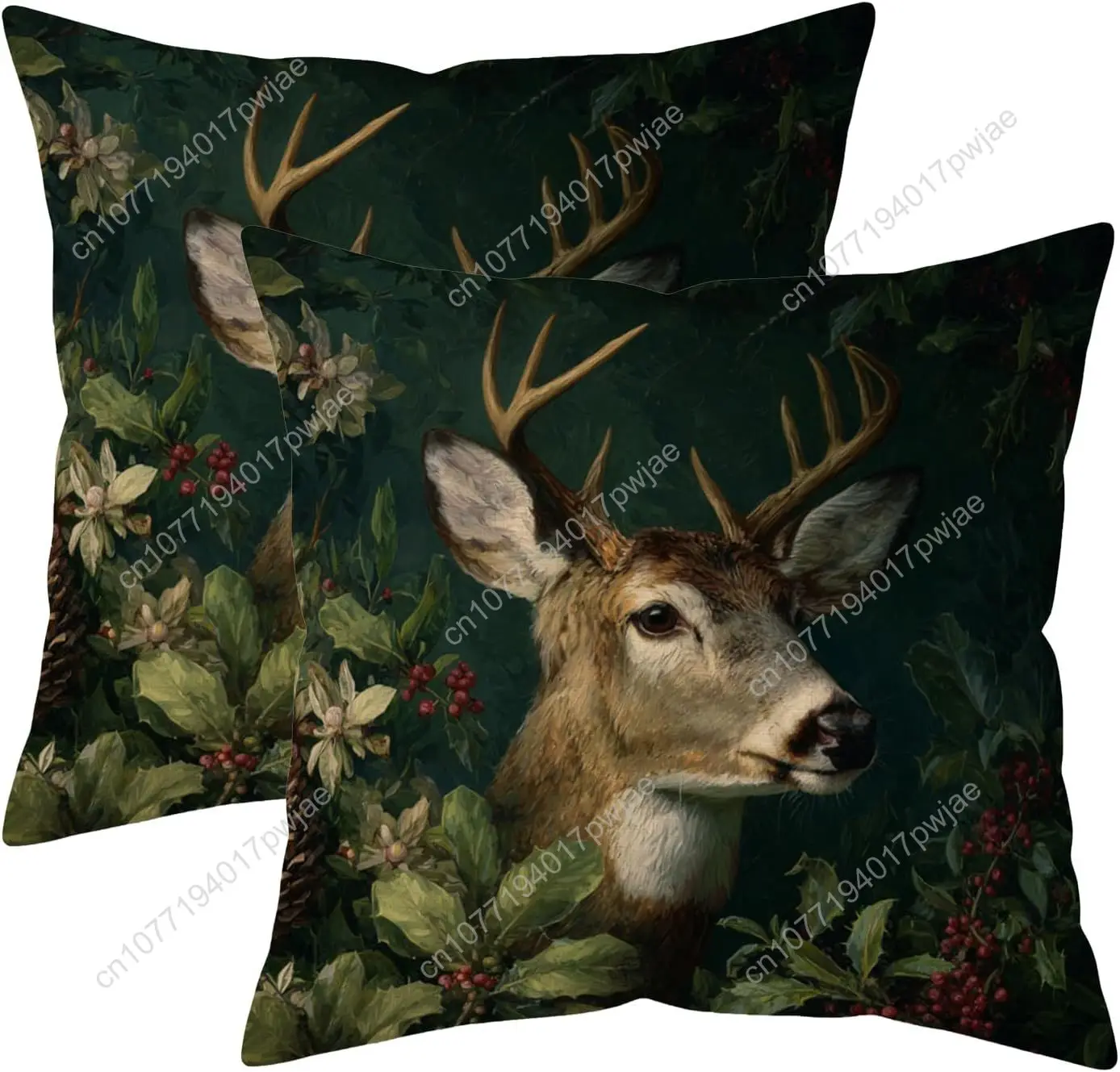 Vintage Christmas Set of 2 Deer Throw Pillow Covers 20x20Inch Dark Forest Retro Elk Art Animals Double Sided Print Winter Xmas M
