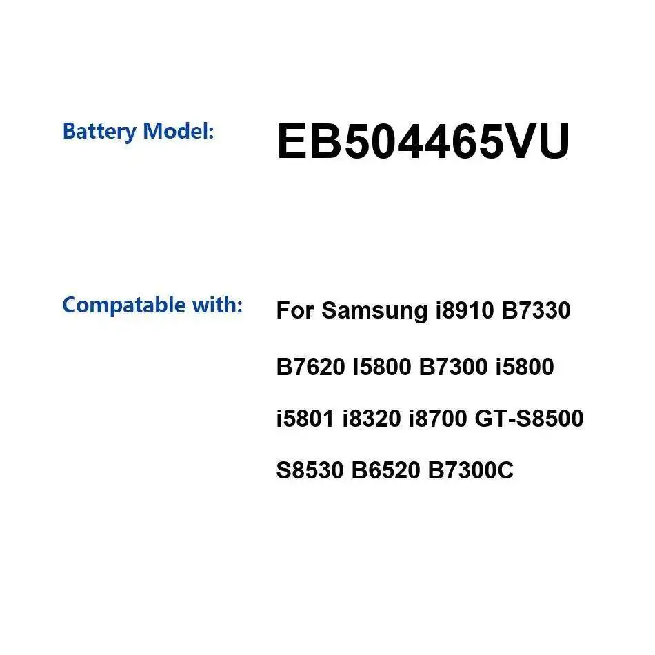 

Аккумулятор EB504465VU 1500 мАч для Samsung I8910 B7330 B7620 I5800 B7300 I5801 I8320 I8700 GT-S8500 S8530 B6520 B7300C