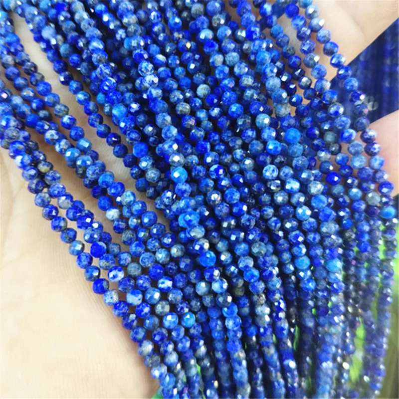 

2 Strings Faceted Lapis Lazuli Round Ball Natural Semi Precious Stone Loose Beads Size 2MM 3MM 4MM For Womens Fashion Necklace
