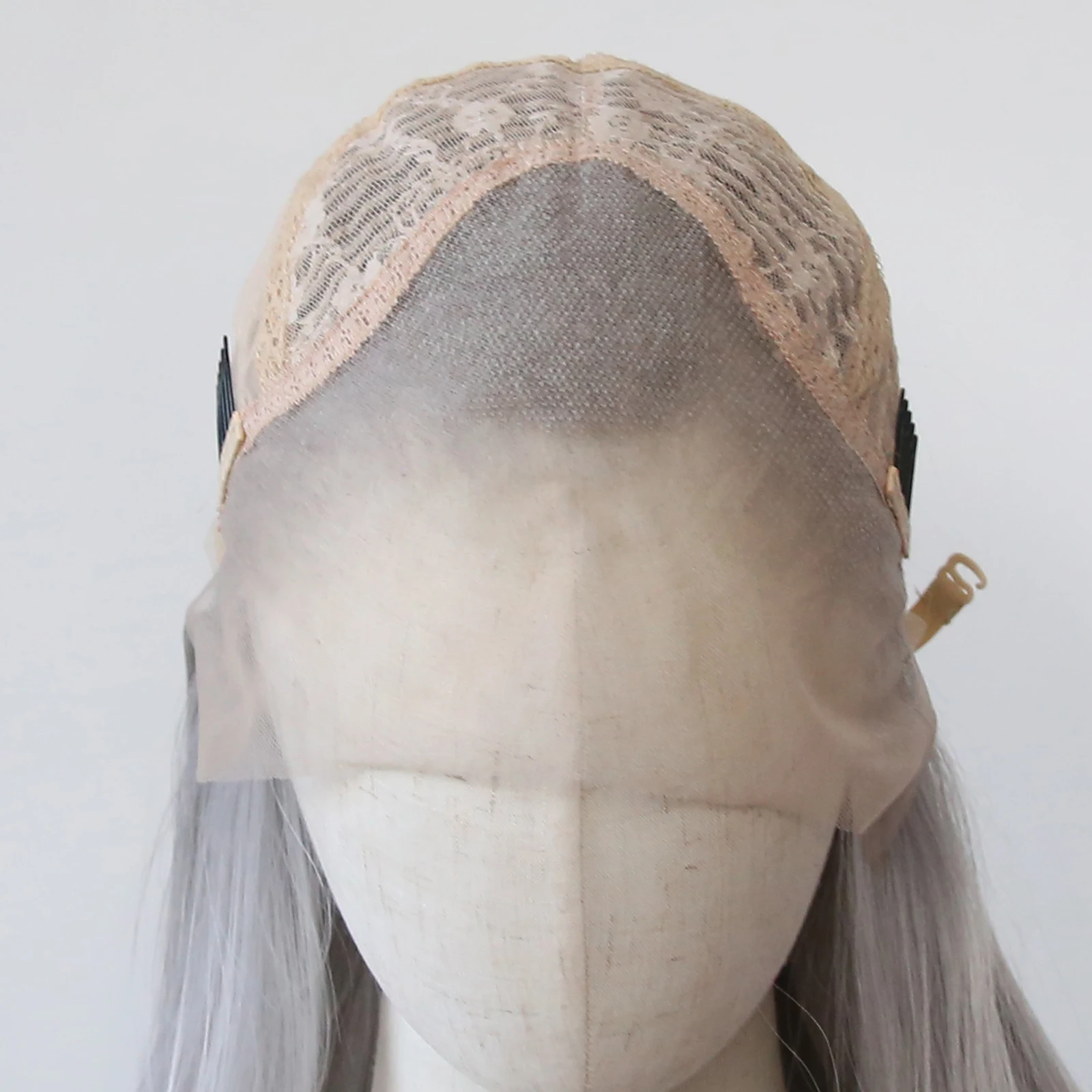 Wig sintetis berenda depan perak abu-abu Wig sintetis panjang lurus renda depan pra pencabutan rambut tahan panas pemakaian sehari-hari Cosplay