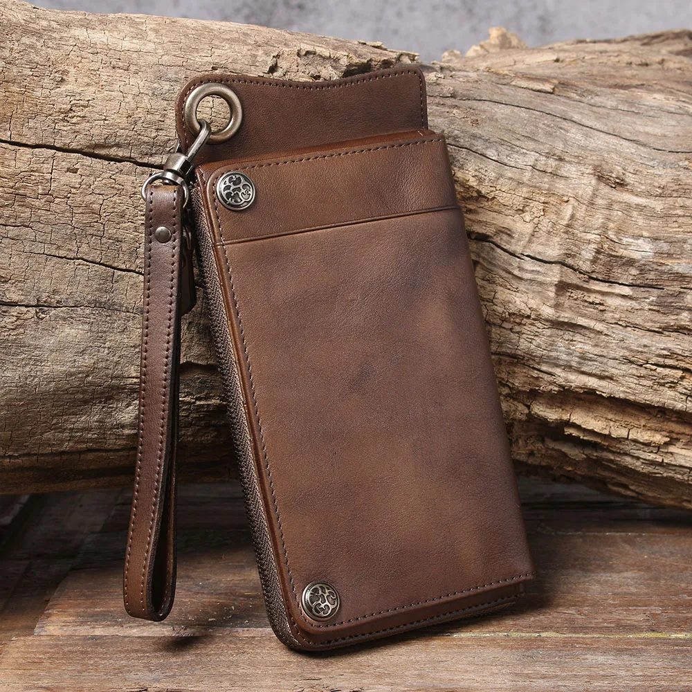 S.WORKER Echtes Vollnarbiges Rindsleder Langes Portemonnaie für Herren, Clutch mit mehreren Kartenfächern, Casual-Geldbörse mit Handgelenkschlaufe – Detail 19