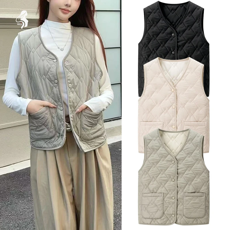 سترة نسائية مبطنة بنمط الماس بدون أكمام سترة واحدة الصدر للخريف والشتاء سترة طبقات عصرية يومية Trafizaran #1
