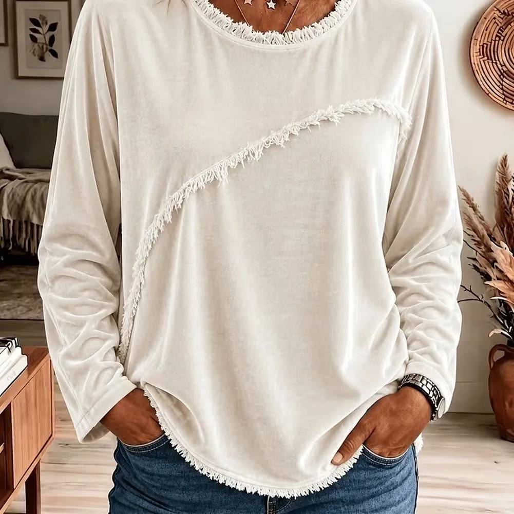 Women's Solid Long Sleeve Pullover for top Designed with Round Neck and Dual-Fabric Spliced Detail in For Velvet Lace