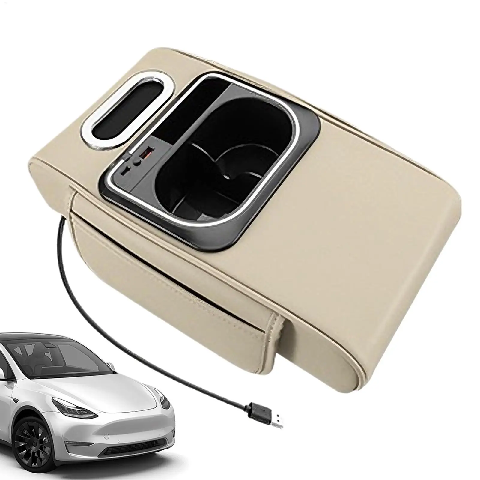 

Car Armrest Box Heightening Mat Cup Holder With Side Pocket Ambient Light USB Port Car Arm Rest Organizer For Central Storage